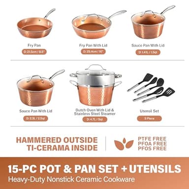 Gotham Steel Hammered 15 Pc Ceramic Cookware Set, Induction Pots and Pans Set Non Stick with Cooking Utensils & Steamer, Non Toxic Ceramic & Titanium Coating PFOA PFOS Free, Oven & Dishwasher Safe - Image 3