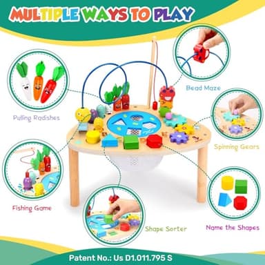 oathx Activity Table for 1+ Year Old, 6 in 1 Wooden Montessori Activity Center Play Table with Bead Maze Shape Sorter Fishing Game, Kids Sensory Educational Toddler Learning Toys 1st Birthday Gifts - Image 2