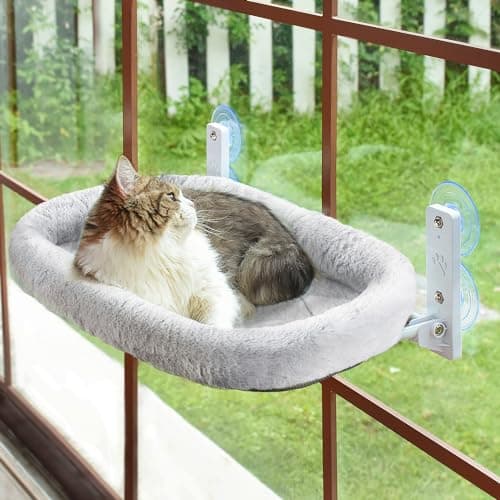 AMOSIJOY Cordless Cat Window Perch, Cat Hammock for Wall with 4 Strong Suction Cups, Solid Metal Frame and Two Replaceable Covers, Foldable Cat Beds for Indoor Cats (Large-Cushion Bed-Gray) - Image 1
