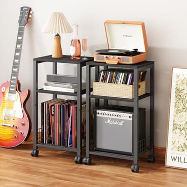Kalrin Small Side Table, 3 Tier Moveable Small End Table, Record Player Stand with Records Shelf, Tall Nightstand for Bedroom, Living Room, Sofa, Office, Bathroom (Pure Black) - Image 4