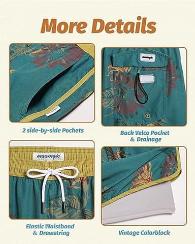 maamgic Mens Short 80s 90s Vintage 5.5" Swim Trunks Swimsuits Board Shorts Compression Liner Quick Dry 2 in 1 Bathing Suits Vintage Floral Green Yellow X-Large - Image 4