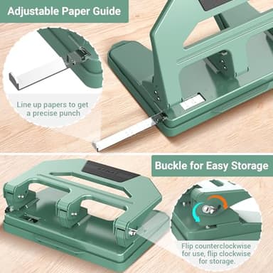 AFMAT HPX2 Heavy Duty 3 Hole Puncher, 40-Sheet Three Hole Punch Heavy Duty, 50% Reduced Effort Paper Punch, 10K+ Uses, Metal Hole Puncher 3 Ring w/Large Tray, Bulit-in S.S. Paper Guide, Green - Image 5