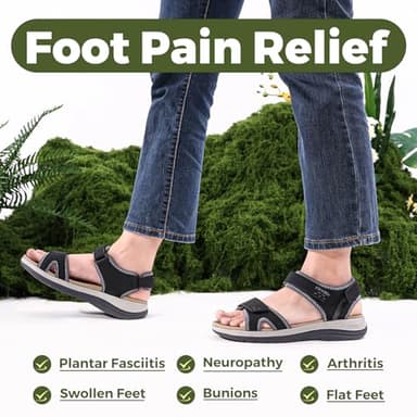 FitVille Women's Orthopedic Wide Sandals Strappy Arch Support Flat Sandals for Plantar Fasciitis & Swollen Feet | Adjustable Ankle Strap (Black, 9 Wide) - Image 3