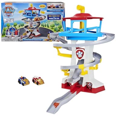 Paw Patrol Adventure Bay Lookout Tower Playset With 2 Die-Cast 1:55 Vehicles (Chase and Marshall): Twin Track Rescue Way 25 Pc Set With Launching Periscope - Accommodate Up to 6 True Metal Racing Cars - Image 1
