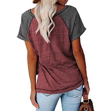 MaQiYa Womens Henley V Neck Raglan Short Sleeve T Shirts Color Block Casual Cotton Tees Shirts Tops (Z-Wine Red,2X-Large) - Image 2