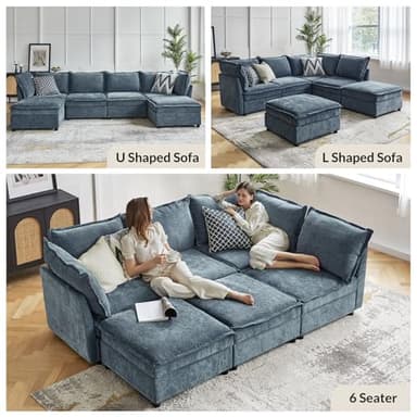 HULALA HOME 97'' Modular Sectional Sofa, L Shaped Couch with Storage Ottoman, Comfy Chenille Sofa with Deep Seat, 4 Seat Convertible Sectional Couches for Living Room, Blue - Image 6