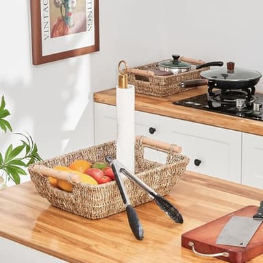 Storage Basket Hand-Woven Large Storage Baskets with Wooden Handles, Seagrass Wicker Baskets for Organizing, 2-Pack - Image 5