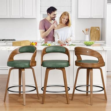 REONEY Swivel Bar Stools Set of 3, 26" Counter Height Bentwood Barstool, Mid-Century Modern PU Leather Upholstered Bar Chair with Back and Footrest, for Kitchen Island, Bar, Cafe, Dining Room, Green - Image 4