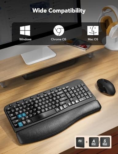 Wireless Keyboard and Mouse Combo – Ergonomic Wave Key, Built-in Leather Soft Palm Rest, 2.4G Full Size, 8 Hotkeys, 6-Button Mouse with 4-Level DPI, Dual USB-A/USB-C, Windows & macOS Compatible - Image 5