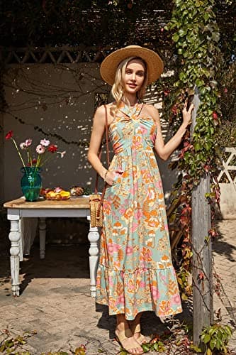 2024 Women Sleeveless Criss Cross Halterneck Floral Print Beach Maxi Dress for Summer Greygreen M - Image 4