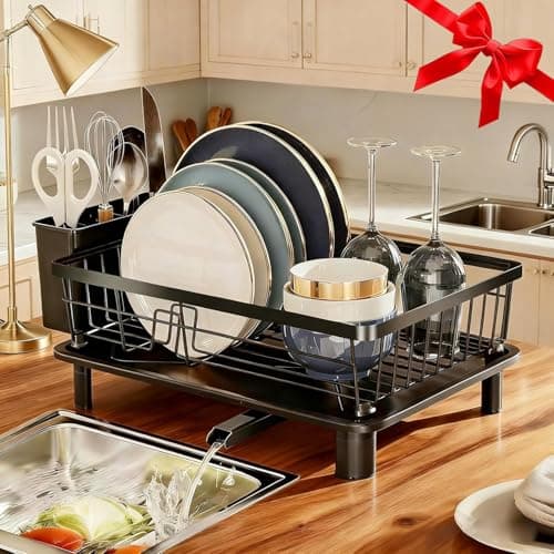 GAOKASE Dish Drying Rack, Space-Saving Dish Rack, Dish Racks for Kitchen Counter, Kitchen Dish Drainers with Removable Utensil Holder, Plate Rack and Drainboard, 11''W x 15''L, Black - Image 1