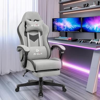 N-GEN GAMING Video Gaming Chair Office Computer Desk Use Ergonomic Reclining Backrest Adjustable Armrests Lumbar Support Footrest High Density Foam Breathable Fabric Heavy Duty Base (Grey) - Image 2