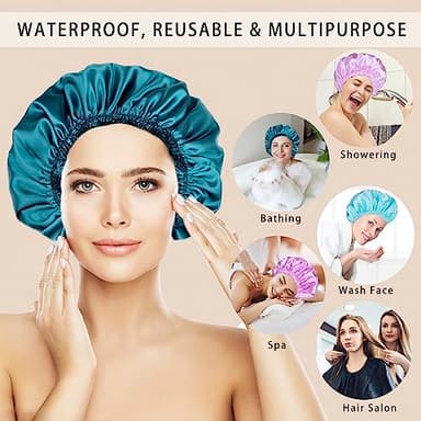 Shower Caps for Women, 4 PCS Elastic and Reusable Bath Caps, Double Waterproof Layers Shower Cap, Bathing Shower Caps, Environmental Protection Hair Bath Hat - Solid Color - Image 2