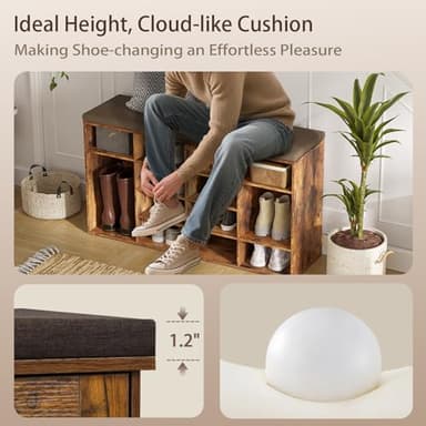 DINZI LVJ Shoe Storage Bench with Cushion, 14-Cubby Shoe Rack, Adjustable Shelves, Multifunctional Shoe Organizer Bench for Entryway, Mudroom, Hallway, Living Room, Bedroom and Garage, Rustic Brown - Image 9