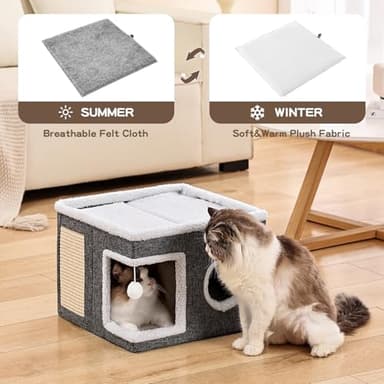 Crispedia Cat Beds for Indoor Cats, Large Cat Cave with Fluffy Ball and Scratch Pad, Foldable Cat Scratch House with Hideaway Condo for Kitten,16x16x13inch,Grey - Image 4