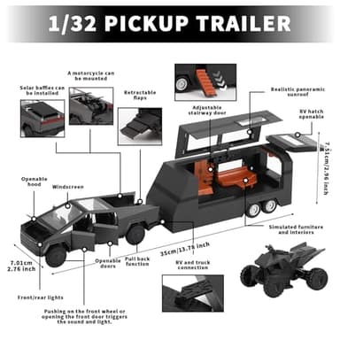 1/32 Alloy Car Trucks Toy Pickup Trailer RV Model Kit with Beach Motorcycle, Diecast Alloy Metal RV Car Model Toys with Sound Light and Pull Back Power,Christmas Birthday Gift for Boy Girl-Black - Image 9