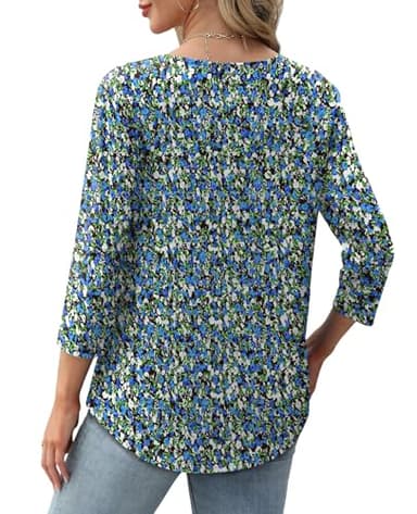 XIEERDUO Womens Tops Dressy Casual Summer 3/4 Length Sleeve Tops Women Blouses Early Fall Fashion Clothing Outfits 2025 Beach Vacation Fall Clothes Deal F-Blue Floral XL - Image 4