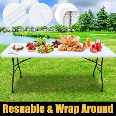 Smiry Rectangle Picnic Table Cloth, Waterproof Elastic Fitted Tablecloths for 6 Foot Tables, Washable Polyester Table Cover for Camping, Indoor and Outdoor (White, 30"x72") - Image 5
