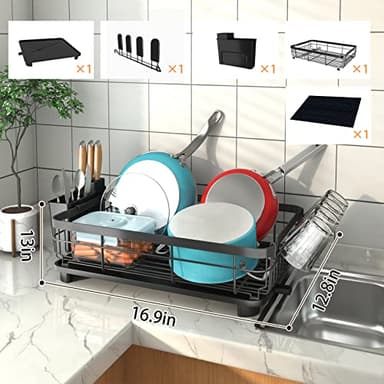 Godboat Dish Drying Rack, Dish Rack with Auto-Drain & Mat, Dish Drainers for Kitchen Counter, Glass Organizer for 4 Cups, 3 Slots Utensil Holder,Gifts for Women Mothers Day, Kitchen Gadgets & Decor - Image 8