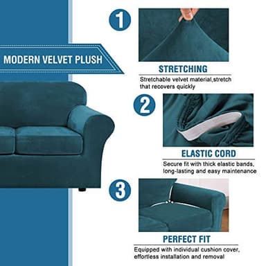 H.VERSAILTEX Velvet 4 Piece High Stretch Sofa Slipcover Cover Furniture Protector Form Fit Luxury Thick Velvet Extra Large Sofa Cover for 3 Cushion Couch Width Up to 105 Inch (XL Sofa, Deep Teal) - Image 3