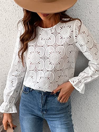 CUPSHE Women Eyelet Long Sleeve Tops Shirts Dressy Hollow Out Crochet Lace Embroidered Blouses 2025 Fashion Top White - Image 7