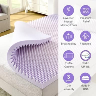 NAP&SLEEP Lavender Infused Dual-Sided Mattress Topper - Available in Twin, Full, Queen, King Sizes, 2" or 3" Thickness, Made in USA, Convoluted & Flat Foam, Compressed & Roll Packed (Queen, 3" Inch) - Image 3