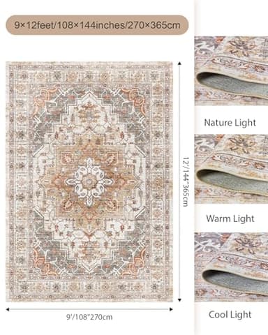 befbee 9x12 Area Rugs for Living Room,Ultra-Thin Washable Rug, Non-Slip Lightweight Foldable Area Rug, Stain Resistant Vintage Large Rugs(Turmeric/Grey, 9'x12') - Image 2