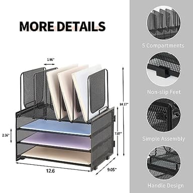 LEKETREE Desk Organizers and Accessories, 3-Tier Paper Organizer with 5 Vertical File Holders, File Folder Organizer (Black, 3T) - Image 4