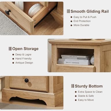 T4TREAM Nightstand with Charging Station, 18 Inch Vintage End Table with 2 Drawers, Wood Rustic Sofa Side Table with Open Storage Shelf for Bedroom, Living Room, Natural Oak - Image 7