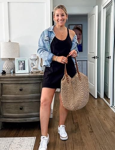 Zhiyouni Women's Summer Sleeveless Mini Dress V Neck Spaghetti Straps Athletic Built-in Shorts Sundress(Black-XL) - Image 6