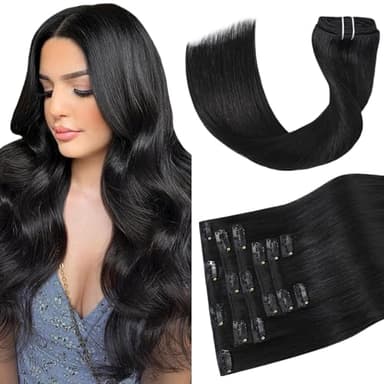 Aison Black Hair Extensions Clip in Real Human Hair 120G 100% Remy Human Hair Clip in Extensions Soft Silky Straight 7pcs 20inch - Image 1