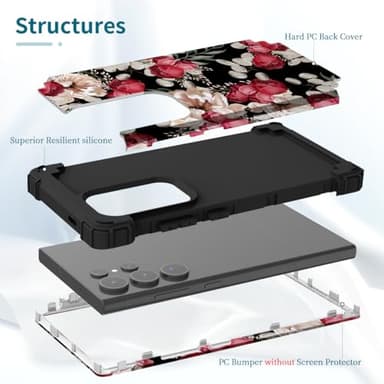 PIXIU Unique Flower Pattern Compatible with Samsung Galaxy S24 Ultra case, Heavy Duty Dual Layer Shockproof Full-Body Protective Sturdy Hybrid Cute Rugged Case for Women,Girls,Kids-Rose Floral - Image 7