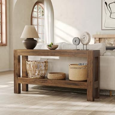 LITTLE TREE 63-Inch Narrow Long Console Table for Living Room, Farmhouse Wood Entryway Table for Hallway, Sofa, Entry, Entrance, Foyer, Behind Couch with 2-Tier Shelves, Brown - Image 2