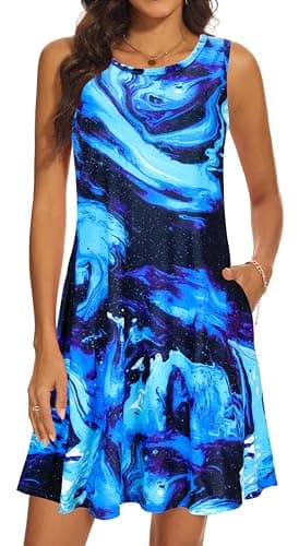 Summer Dresses for Women 2024 Casual Sundresses Beach Cover Ups Sleeveless Tshirt Swing Dress with Pockets X-Large Blue Galaxy - Image 1