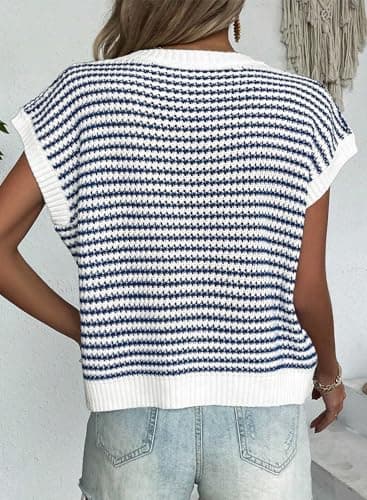 EVALESS Women's 2024 Sleeveless Round Neck Striped Sweater Vest Cap Sleeve Ribbed Knit Pullover Tank Tops Blue Small - Image 3