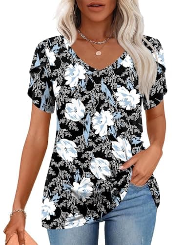 CATHY 2025 Womens Tops Summer Short Sleeve T-Shirts Plus Sized V Neck Tunic Blouse Casual Floral White Lily X-Large - Image 1