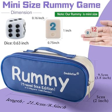 Doublefan Mini Rummy Cube Set, Mini Size Rummy Game with Portable Bag, Small Travel Game for Adult and Kids,106 Tiles, 4 Playing Rack, 1 Dice (2-4 Players) - Image 2