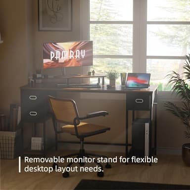 Pamray 55 Inch Computer Desk with Non-Woven Storage Drawers and Monitor Stand Home Office Desk for Bedroom Study Table Writing and Work Desk Black - Image 5