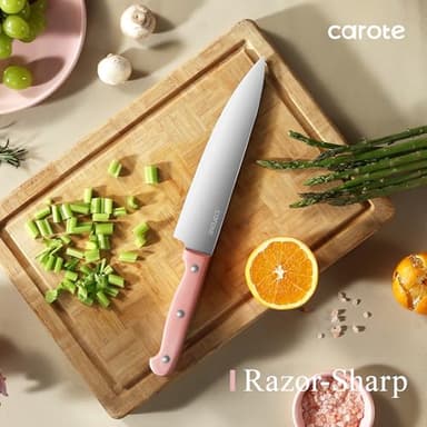 CAROTE 14 Pieces Knife Set with Block, Forged, High Carbon Stainless Steel Sharp Blade Block Knife Set, Dishwasher Safe Cutlery, Sandstone Pink - Image 2