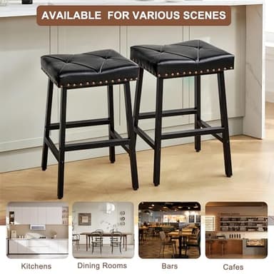 VECELO 25 inch Counter Height Stools for Kitchen Island, 3.3'' Thick PU Upholstered Saddle Seats, Backless Bar Chairs with Metal Base, Black - Image 7