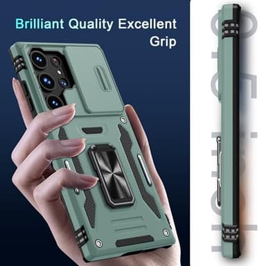 DEERLAMN Case for Samsung Galaxy S25 Ultra with Slide Camera Cover+Screen Protector (1 Pack), Rotated Ring Kickstand Military Grade Shockproof Protective Cover-Green - Image 8