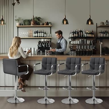 Yaheetech Bar Stools Set of 4, PU Leather Adjustable Barstools with Armrest, Counter Height Stool Chairs with Thickened Seat Cushion for Kitchen Island, Grey - Image 2