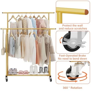 Calmootey Double Rod Clothing Garment Rack,Rolling Hanging Clothes Rack,Portable Clothes Organizer for Bedroom,Living Room,Clothing Store,Gold - Image 8