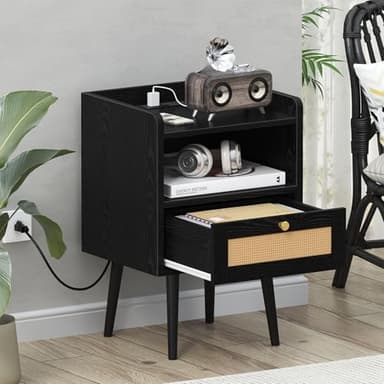 Night stand Set of 2, Bedside Tables with Charging Station, Rattan End Tables, Bed Side Tables, Wood Nightstands set of 2 for Farmhouse Kids' Room Bedroom Living Room Dorm Sofa Office Corner(Black) - Image 6