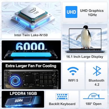 16 Inch Laptop Computer, Gaming Laptop 2025, 16GB RAM 1TB SSD, N150 Processor(Up to 3.6GHz), FHD 1920 * 1200, 180° Open, Backlit, BT4 WIFI5, Windows 11 Pro, 6000mAh/46.2Wh, Premium Navy - Image 2