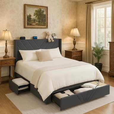 COMHOMA King Size Metal Bed Frame with Upholstered Headboard,Storage Drawers,USB & Type-C Charging Ports,No Box Spring Needed,Dark Grey - Image 1