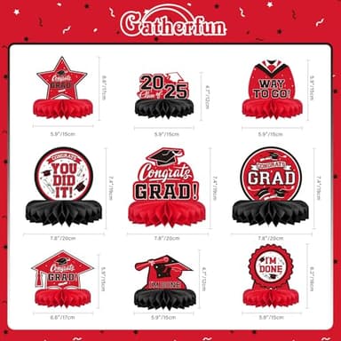 9PCS Graduation Decorations 2025 Congrats Grad Table Centerpiece Congratulate Graduation Honeycomb Table Toppers for Graduation Party Supplies(Red,Black） - Image 2