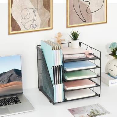 AUPSEN Desk Organizer with File Holder, 5 Trays Paper Letter Tray Organizer, Mesh Desk Organizers and Accessories for Home Office (Black) - Image 7