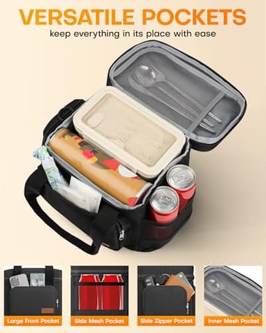 HOTOR Lunch Box for Men and Women - Leak-Proof Insulated Lunch Cooler Bag with Adjustable Strap, Multiple Pockets for Office, Picnic, Hiking, Beach, 1 Layer, 8L, Black, 9.8" x 8.7" x 5.9" - Image 5