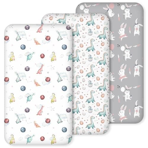 Nap Mat Sheet 47"x24", 3 Pack Dinosaur Baby Crib Sheets Fitted Elastic Corners, Preschool Day Care Rest Mat Cover, Soft Breathable - Compatible with Regalo My Cot, Joovy Travel Cot - Image 1